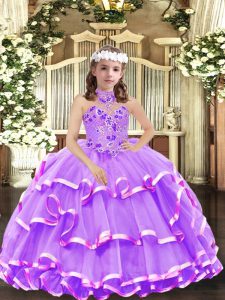 Sleeveless Organza Floor Length Lace Up Little Girls Pageant Dress in Lavender with Appliques and Ruffled Layers