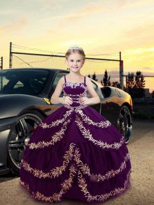 Fashion Purple Straps Neckline Embroidery Glitz Pageant Dress Sleeveless Lace Up