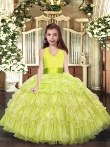 Superior Yellow Green Organza Lace Up Halter Top Sleeveless Floor Length Kids Pageant Dress Ruffled Layers