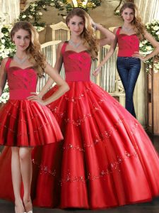 Romantic Red Three Pieces Halter Top Sleeveless Tulle Floor Length Lace Up Appliques Vestidos de Quinceanera