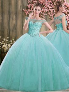 Nice Sleeveless Tulle Floor Length Lace Up Sweet 16 Quinceanera Dress in Blue with Beading