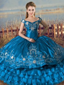 Teal Ball Gowns Off The Shoulder Sleeveless Satin and Organza Floor Length Lace Up Embroidery and Ruffles Quinceanera Dress