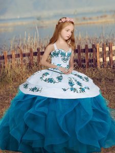 Custom Designed Sleeveless Floor Length Lace Up Kids Pageant Dress in Blue with Embroidery and Ruffles