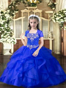 Royal Blue Straps Neckline Beading and Ruffles Pageant Dress Sleeveless Lace Up