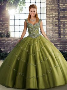Olive Green Party Dress Military Ball and Sweet 16 and Quinceanera with Beading and Appliques Straps Sleeveless Lace Up