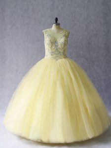 Light Yellow Sleeveless Tulle Lace Up Quinceanera Gowns for Sweet 16 and Quinceanera
