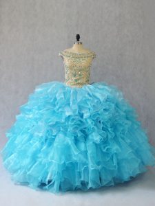 Deluxe Baby Blue Lace Up Sweet 16 Quinceanera Dress Ruffles Sleeveless Floor Length