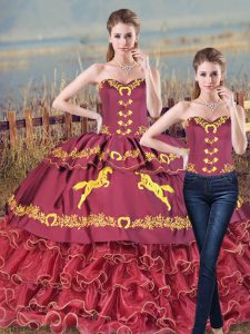 Lovely Sleeveless Embroidery and Ruffles Lace Up Sweet 16 Dresses with Burgundy Brush Train