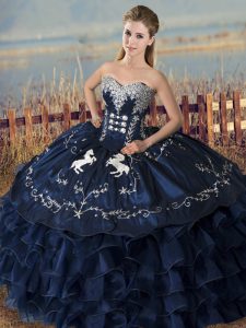 Navy Blue Satin and Organza Lace Up Military Ball Dresses Sleeveless Floor Length Embroidery and Ruffles