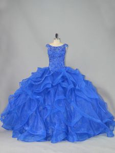 Royal Blue Scoop Lace Up Beading and Ruffles Quinceanera Gowns Brush Train Sleeveless