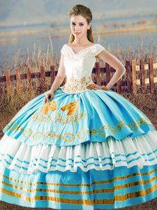 Amazing Blue And White Lace Up Quinceanera Dresses Embroidery and Ruffled Layers Sleeveless Floor Length