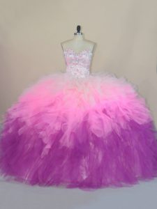 Sweetheart Sleeveless Tulle Ball Gown Prom Dress Beading and Ruffles Brush Train Lace Up