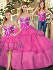 Lilac Sweet 16 Dresses Sweet 16 and Quinceanera with Beading and Ruffled Layers Sweetheart Sleeveless Lace Up