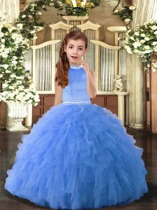 Blue Ball Gowns Beading Little Girls Pageant Gowns Backless Tulle Sleeveless Floor Length