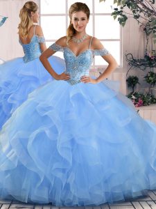 Affordable Floor Length Lace Up Quinceanera Gowns Blue for Sweet 16 and Quinceanera with Beading and Ruffles