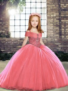Watermelon Red Girls Pageant Dresses Party and Sweet 16 and Wedding Party with Beading Straps Sleeveless Brush Train Lace Up