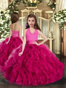Halter Top Sleeveless Lace Up Little Girls Pageant Dress Fuchsia Tulle