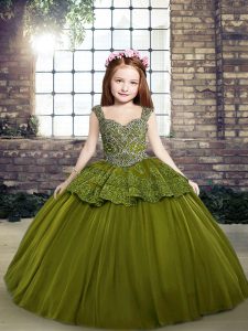 Beauteous Beading Girls Pageant Dresses Olive Green Lace Up Sleeveless Floor Length