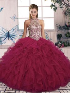 Beading and Ruffles Quinceanera Gown Burgundy Lace Up Sleeveless Floor Length