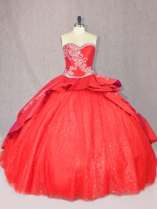 Unique Sleeveless Court Train Lace Up Floor Length Embroidery Ball Gown Prom Dress
