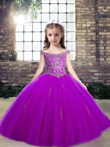 Ball Gowns Custom Made Pageant Dress Purple Off The Shoulder Tulle Sleeveless Floor Length Lace Up