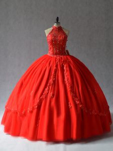 Custom Made Red Tulle Lace Up 15th Birthday Dress Sleeveless Floor Length Appliques