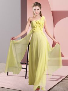 Chic Yellow One Shoulder Lace Up Hand Made Flower Dama Dress for Quinceanera Sleeveless