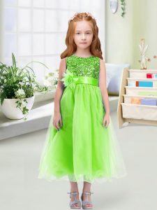 Dazzling Zipper Pageant Gowns For Girls Sequins and Hand Made Flower Sleeveless Tea Length