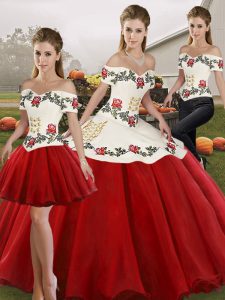 White And Red Organza Lace Up Vestidos de Quinceanera Sleeveless Floor Length Embroidery