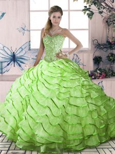 Lace Up Party Dress Wholesale Yellow Green for Sweet 16 and Quinceanera with Ruffled Layers Brush Train