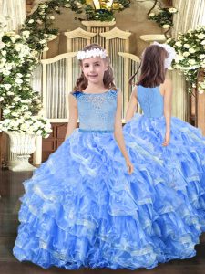Fantastic Organza Scoop Sleeveless Zipper Beading and Ruffles Pageant Dress Wholesale in Blue