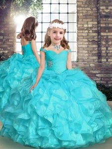 New Arrival Sleeveless Organza Floor Length Lace Up Little Girl Pageant Dress in Aqua Blue with Beading and Ruffles
