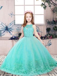 Aqua Blue Ball Gowns Scoop Sleeveless Tulle Floor Length Backless Lace and Appliques Pageant Dress