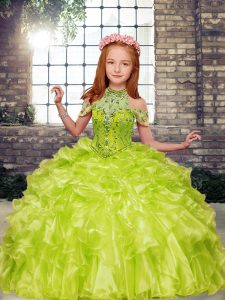Yellow Green High-neck Neckline Beading and Ruffles Winning Pageant Gowns Sleeveless Lace Up