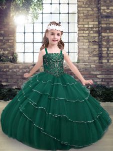 Attractive Lace Straps Sleeveless Lace Up Beading Kids Formal Wear in Peacock Green