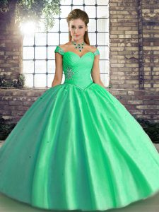 Ideal Floor Length Lace Up 15th Birthday Dress Turquoise for Military Ball and Sweet 16 and Quinceanera with Beading