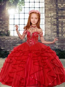 Top Selling Red Tulle Lace Up High-neck Sleeveless Floor Length Pageant Gowns For Girls Beading