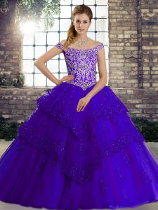 Fantastic Brush Train Ball Gowns Sweet 16 Dresses Purple Off The Shoulder Tulle Sleeveless Lace Up