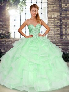 Sweetheart Sleeveless Tulle Quinceanera Gowns Beading and Ruffles Lace Up