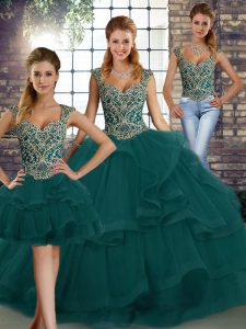 Floor Length Peacock Green Quinceanera Dresses Tulle Sleeveless Beading and Ruffles