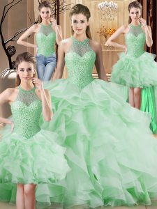 Apple Green Ball Gowns Beading and Ruffles Quinceanera Gowns Lace Up Organza Sleeveless