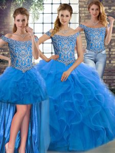 Cute Lace Up Juniors Party Dress Blue for Military Ball and Sweet 16 and Quinceanera with Beading and Ruffles Brush Train
