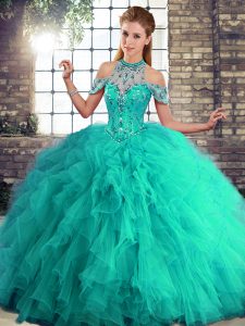 Enchanting Turquoise Tulle Lace Up Halter Top Sleeveless Floor Length Quinceanera Dress Beading and Ruffles
