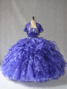 Graceful Blue Lace Up Strapless Beading and Ruffles Quinceanera Dress Organza Sleeveless