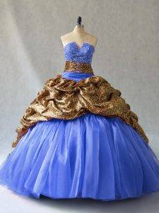 Brush Train Ball Gowns Quinceanera Dress Blue V-neck Organza and Printed Sleeveless Lace Up