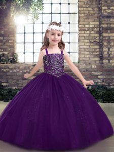 Tulle Straps Sleeveless Lace Up Beading Girls Pageant Dresses in Eggplant Purple