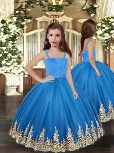 High Class Sleeveless Floor Length Embroidery Lace Up Little Girls Pageant Dress with Baby Blue