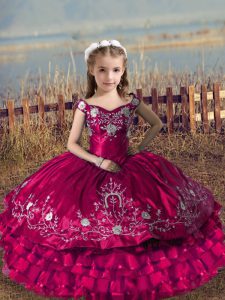 Fuchsia Satin and Organza Lace Up Off The Shoulder Sleeveless Floor Length Kids Pageant Dress Embroidery and Ruffled Layers