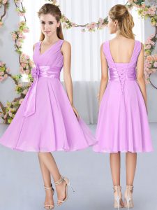 Low Price Lilac Empire Hand Made Flower Dama Dress for Quinceanera Lace Up Chiffon Sleeveless Knee Length