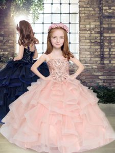 Classical Beading and Ruffles Little Girl Pageant Dress Peach Lace Up Sleeveless Floor Length